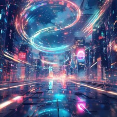 Obraz premium A futuristic cityscape with glowing neon lights and swirling rings