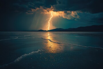 Lightning strikes over a calm, dark lake reflecting the dramatic storm in the mountains.