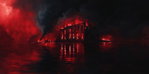 A large building engulfed in flames reflects in dark water