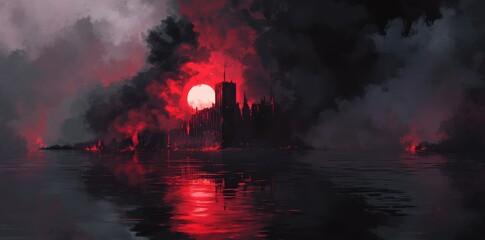 An ominous cityscape silhouette is reflected in dark water