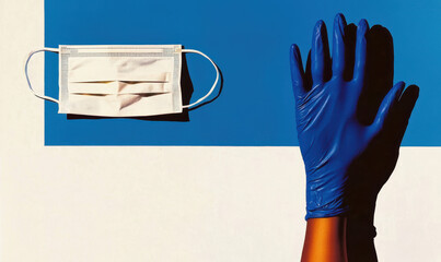 Exploring the Importance of Protective Gear in Public Health: A Close-Up of a Mask and Gloves Against a Vibrant Background