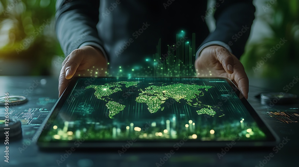 Aufkleber person using tablet displaying a glowing world map with data visualizations.