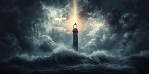 Lighthouse shines brightly amidst dark stormy clouds and waves