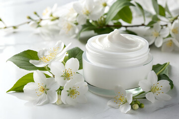 Elegant White Cream Jar Decorated with Flowers on a Textured Surface with a