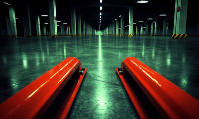 Obraz premium Vast Empty Parking Garage With Polished Concrete Floor and Bright LED Lights Highlighting Available Space for Vehicles or Storage