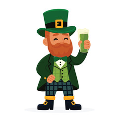 Flat  illustration of a cheerful man in a traditional St. Patrick’s Day costume holding a mug of emerald-green beer isolated on white background
