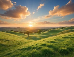 Fototapeta premium A Boundless Green Meadow Rolling Smoothly Across the Land, Illuminated by the Warm Glow of the Sun, Set Against a Crisp Blue Sky with Soft Cloud Formations