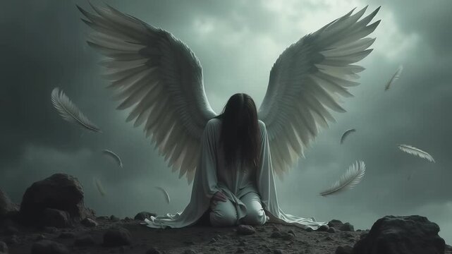 Dark gothic art, winged fallen angel kneeling on rocky ground, surrounded by floating feathers and debris