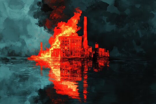 Burning building reflects in the water with stormy sky