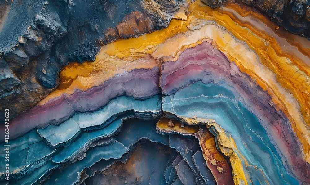 Poster abstract aerial view of colorful layered rock formations, showing textures and patterns