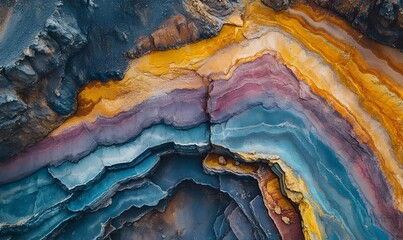 Naklejka premium Abstract aerial view of colorful layered rock formations, showing textures and patterns