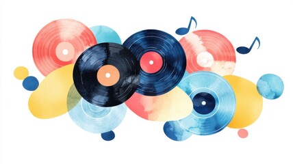Watercolor vinyl records artistic music display creative studio vibrant colors abstract view musical vibes