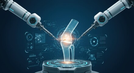 Robotic arm reaching for digital holographic human knee. AI assisted orthopedic surgery treatment. Advanced trauma care. Modern knee replacement technology. Healthcare innovation. Banner. 