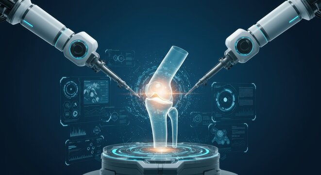 Robotic arm reaching for digital holographic human knee. AI assisted orthopedic surgery treatment. Advanced trauma care. Modern knee replacement technology. Healthcare innovation. Banner. 