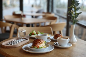 Delicious breakfast served on wooden table in cafe