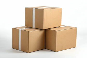 Stack Of Three Cardboard Boxes Sealed With Tape On White Background. Keywords 