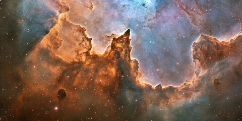 Fototapeta premium A breathtaking depiction of a cosmic cathedral, where grand, glowing arches of nebular clouds stretch across a star-filled sky.