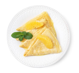 Delicious Crepes Suzette dessert isolated on white, top view
