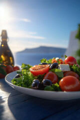 Fototapeta premium Indulge in a Vibrant Greek Salad: A Fresh Medley of Tomatoes, Olives, and Feta for a Healthy Dining Experience Amidst Scenic Beauty
