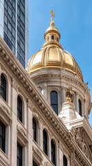 Fototapeta premium Gilded dome, city building, skyscraper backdrop. Architectural detail, urban scene