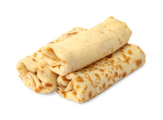 Three delicious rolled crepes isolated on white