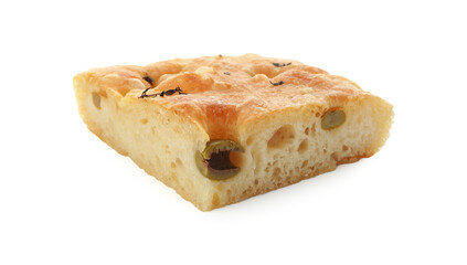 Piece of delicious focaccia bread with olives and thyme isolated on white