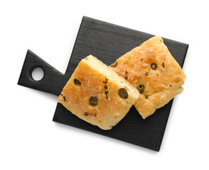 Pieces of delicious focaccia bread with olives and thyme isolated on white, top view
