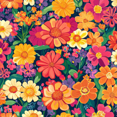 A colorful and lively floral illustration with a mix of marigolds, petunias, and zinnias in shades of red, orange, pink, and yellow. The cheerful colors and playful shapes create a joyful design.