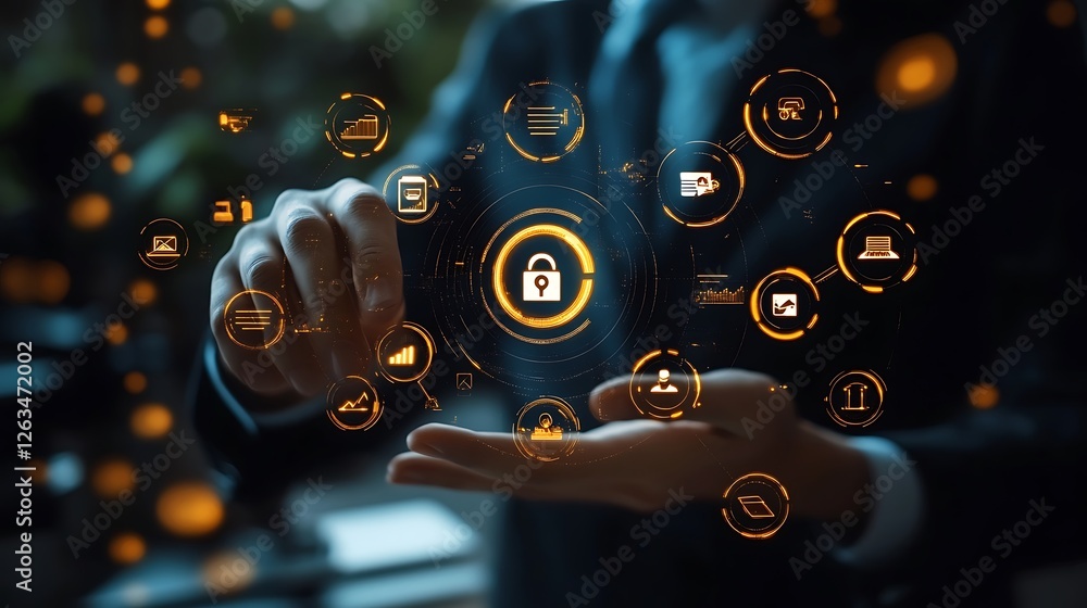 Poster person interacting with a digital interface showing cybersecurity and data protection icons.