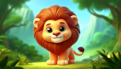 Cute cartoon lion character with big eyes in a vibrant, lush jungle setting.