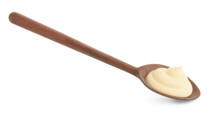 Tasty mayonnaise sauce in wooden spoon isolated on white