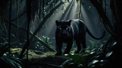 Verduisterende gordijnen Sleek black panther in dense jungle, highlighted by piercing eyes. Sharp focus on the predator, with blurred greenery creating a mysterious, powerful vibe. Ideal for nature visuals. © Malinda