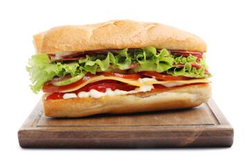 Delicious baguette sandwich with salami and cheese isolated on white