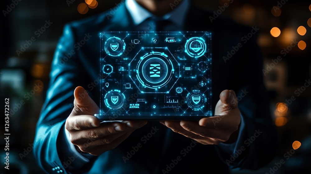 Aufkleber businessman holding a futuristic tablet displaying a digital interface with security and data icons.