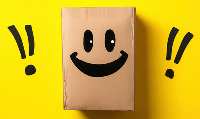 Happy Package on Bright Yellow Background Featuring Smile Design That Evokes Joy and Positivity in Delivery and Shipping Contexts for Marketing Use
