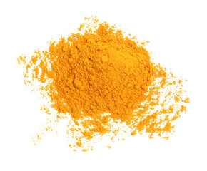 Heap of turmeric powder isolated on white, top view