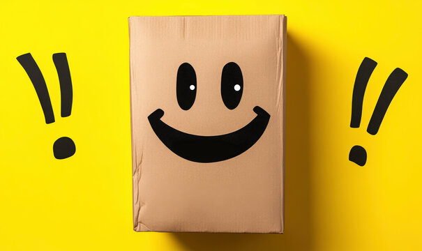 Happy Package on Bright Yellow Background Featuring Smile Design That Evokes Joy and Positivity in Delivery and Shipping Contexts for Marketing Use