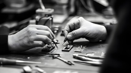 A close-up of hands skillfully assembling electronic components in a workshop setting. Precision and craftsmanship are evident in this black and white photograph.