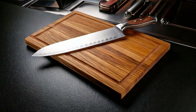 Retro Butcher Knife and Cutting Board in Stainless Steel Kitchen Setup
