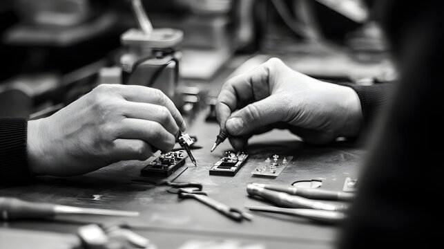 A close-up of hands skillfully assembling electronic components in a workshop setting. Precision and craftsmanship are evident in this black and white photograph.