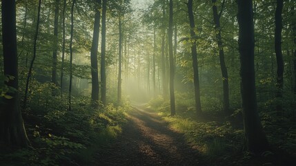 Path in a Lush Springtime Beech Forest Belgium