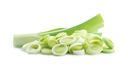 Whole and cut fresh leeks isolated on white