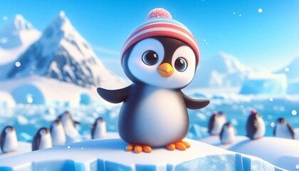 Obraz premium A cute cartoon penguin in a striped hat stands on ice, surrounded by snowy mountains and fellow penguins.