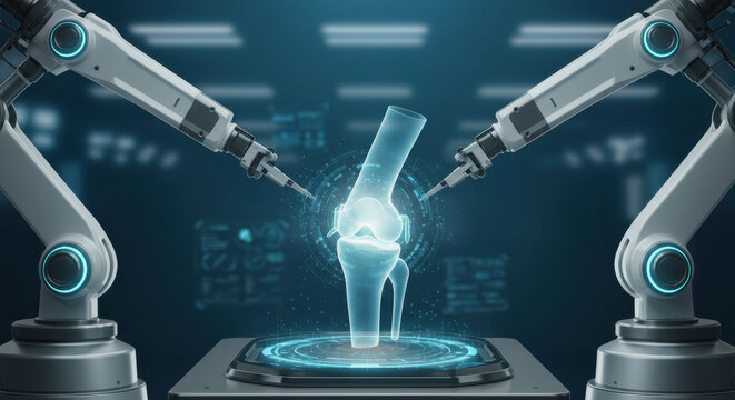 Robotic arm reaching for digital holographic human knee. AI assisted orthopedic surgery treatment. Advanced trauma care. Modern knee replacement technology. Healthcare innovation. Banner. 