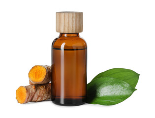 Bottle of turmeric essential oil, raw roots and leaves isolated on white