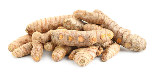 Pile of fresh turmeric roots isolated on white