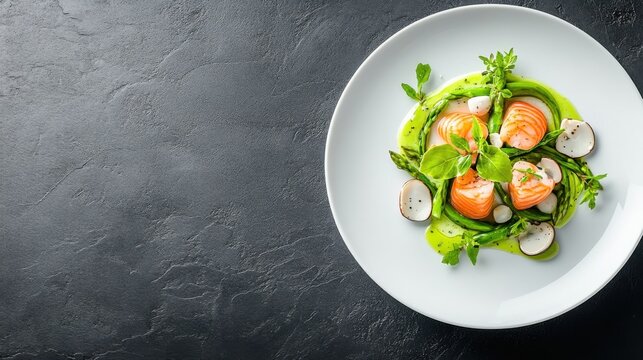 Delicate plating of fine dining seafood dish with asparagus and mushrooms on gourmet cuisine aesthetic backdrop