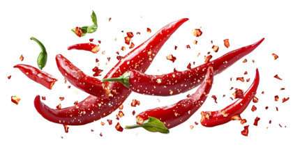 Red chili peppers flying through the air on a transparent background , chopped pieces falling off, Chili Peppers in Motion on a transparent background