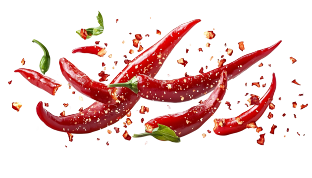 Red chili peppers flying through the air on a transparent background , chopped pieces falling off, Chili Peppers in Motion on a transparent background