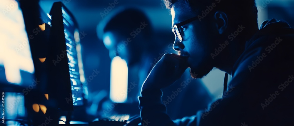Poster a focused individual engages with a computer screen in a dimly lit environment, suggesting a deep co